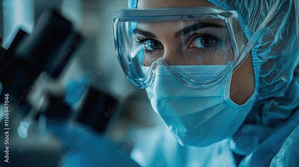 Scientist woman in lab looking at microscope. Scientist woman in lab looking at microscope.