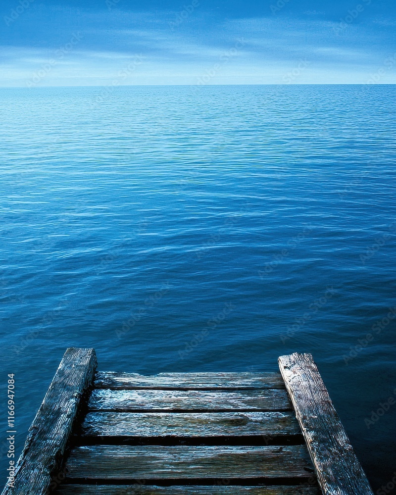 Fototapeta premium Tranquil Wooden Dock Overlooking Calm Blue Ocean Under Clear Sky