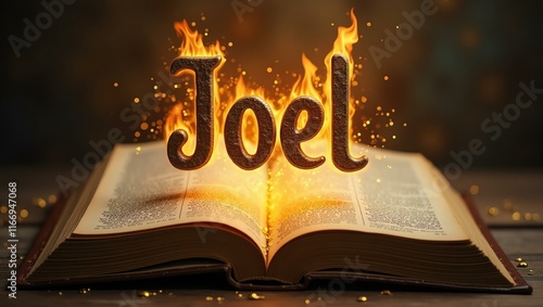 The name joel floats gracefully a couple of inches above the open pages of an ancient Bible, as though it is levitating in mid-air photo