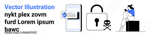 Mobile phone screen with password entry, a padlock with a skull, and a person sitting and using a smartphone. Ideal for cybersecurity, digital safety, online privacy, data protection, security