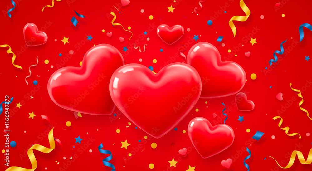 Valentine's Day, hearts and ribbons on red background for love, festive and romantic celebration. Holiday, decoration and banner with card, event or greeting design Valentine's Day, hearts and ribbons on red background for love, festive and romantic celebration. Holiday, decoration and banner with card, event or greeting design