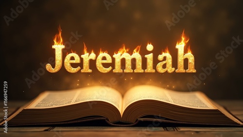 The name jeremiah floats gracefully a couple of inches above the open pages of an ancient Bible, as though it is levitating in mid-air