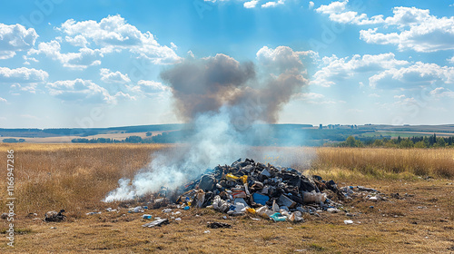 Pile of trash burning in an open field, with smoke rising into blue sky, surrounded by dry grass, environmental damage caused by improper waste disposal