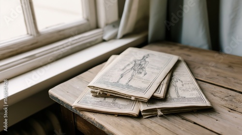 Close-up of an antique medical book with detailed illustrations of historical disease symptoms. Research, Medical Museum, Pharmacopoeia, Disease Types (Plague, Smallpox) photo