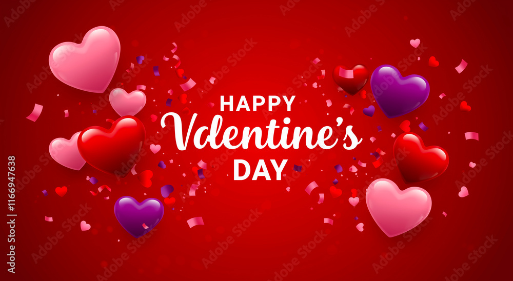 Valentine's Day, hearts and confetti on red background for love, festive and romantic celebration. Holiday, decoration and banner with card, event or greeting design Valentine's Day, hearts and confetti on red background for love, festive and romantic celebration. Holiday, decoration and banner with card, event or greeting design
