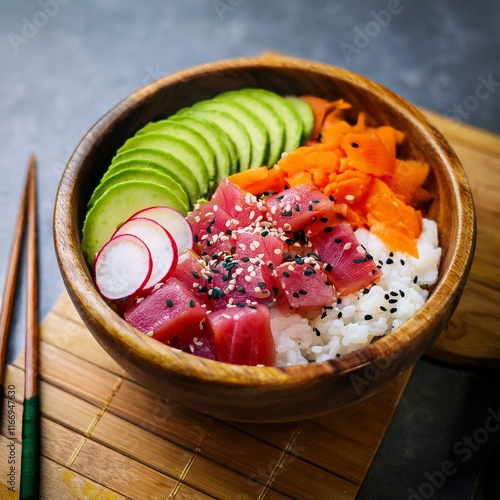 Fresh and Vibrant Poke Bowl with Sliced Tuna, Avocado, Cucumber, Radishes, and Sesame Seeds over Seasoned Rice – Healthy, Gourmet, Colorful Meal, Clean Eating, Perfect for Modern Cuisine photo