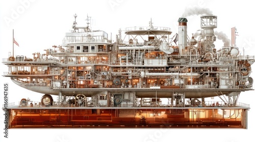 Cross-section view of a steampunk-style ship, revealing intricate inner workings and machinery. photo