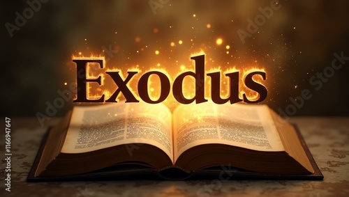 The name exodus floats gracefully a couple of inches above the open pages of an ancient Bible, as though it is levitating in mid-air