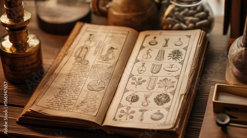 Close-up of an antique medical book with detailed illustrations of historical disease symptoms. Research, Medical Museum, Pharmacopoeia, Disease Types (Plague, Smallpox)