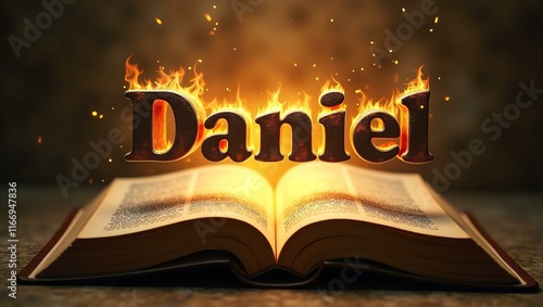 The name daniel floats gracefully a couple of inches above the open pages of an ancient Bible, as though it is levitating in mid-air