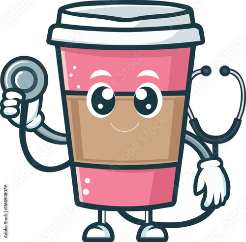 Cute Coffee Cup Doctor Mascot Holding a Stethoscope vector . world health day concept of a doctor character.