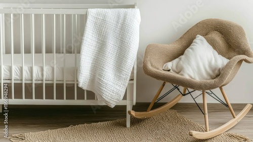 White crib and beige rocking chair in minimalist nursery. photo