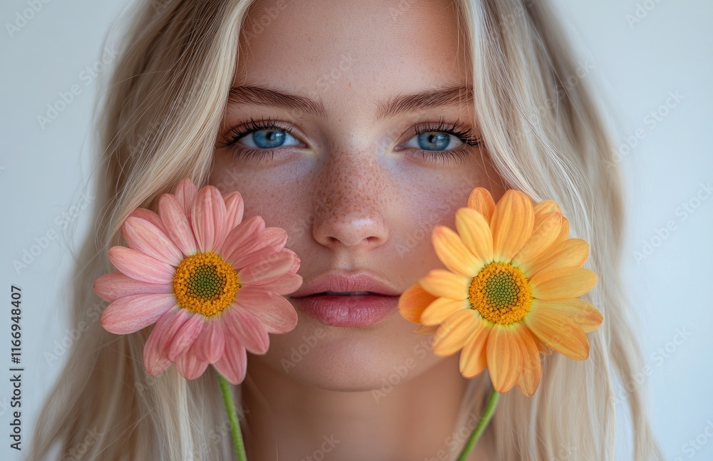 a young woman with blonde hair holding orange and yellow gerbera daisies in front of her face, against a white background. a young woman with blonde hair holding orange and yellow gerbera daisies in front of her face, against a white background.