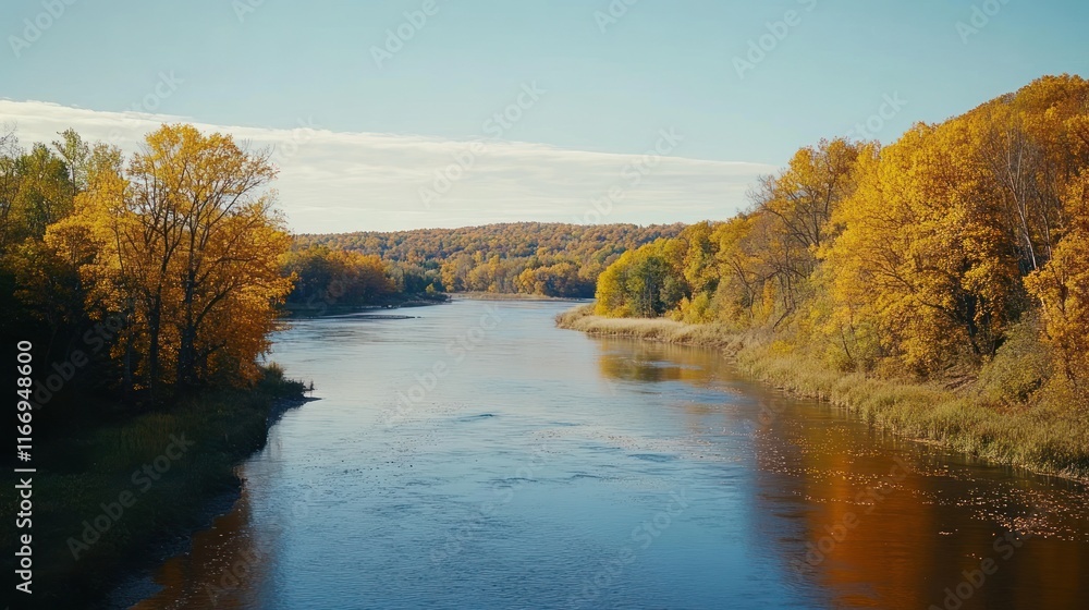 Calm autumn river flowing through golden forest. Calm autumn river flowing through golden forest.