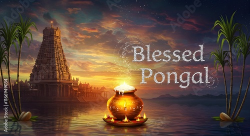 Pongal festival with a glowing Pongal pot, temple reflection, and sugarcane, creating a serene and spiritual festive ambiance photo