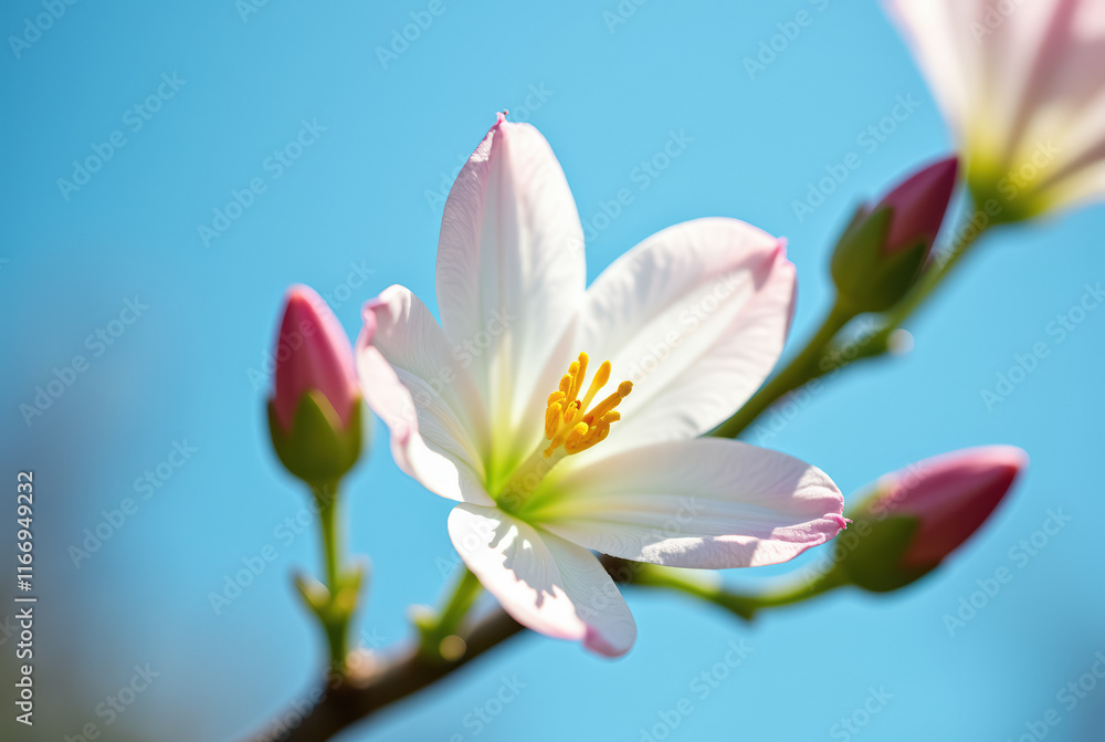 A delicate white flower with pink accents against a blue sky A delicate white flower with pink accents against a blue sky