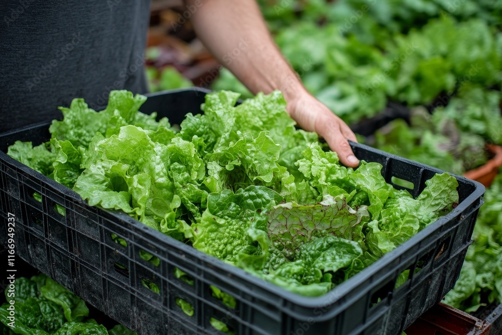Fresh from farm. Gardener carrying crate of fresh lettuce from farm ready to sell to client, Generative AI Fresh from farm. Gardener carrying crate of fresh lettuce from farm ready to sell to client, Generative AI