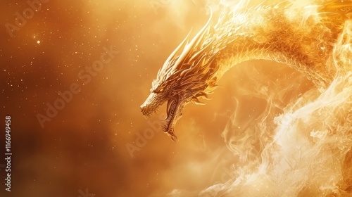 A majestic dragon with fiery scales emerges from a golden mist, exuding power and mystery in a captivating fantasy setting. photo