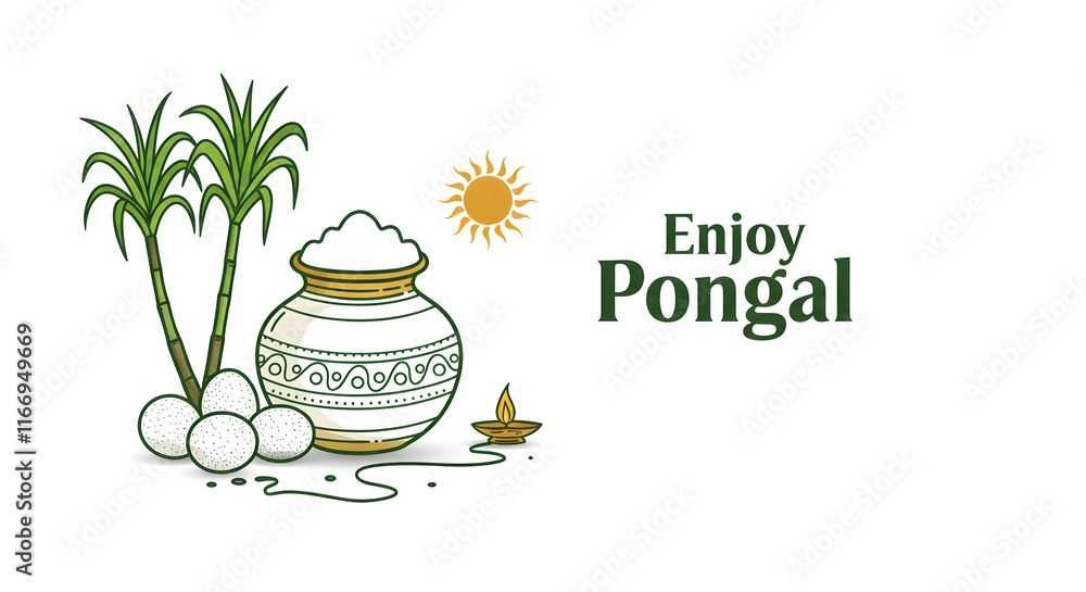 Traditional Pongal artwork showcasing symbolic elements like sugarcane, overflowing milk pot, and rice, representing the joy of harvest and cultural heritage Traditional Pongal artwork showcasing symbolic elements like sugarcane, overflowing milk pot, and rice, representing the joy of harvest and cultural heritage