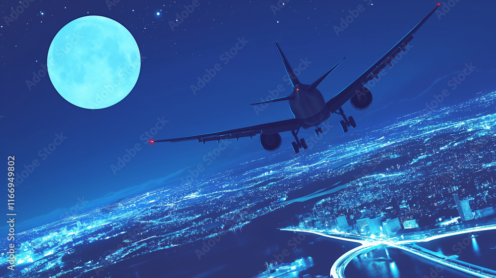 Fototapeta premium 月の照らす夜の都会を飛ぶ飛行機のイラスト素材,旅行,仕事,出張,夜景,挿絵,