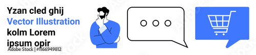 Thoughtful man in blue, speech bubble with three dots, shopping cart icon in blue bubble. Ideal for communication, e-commerce, shopping, online discussion, customer service, decision making. Landing