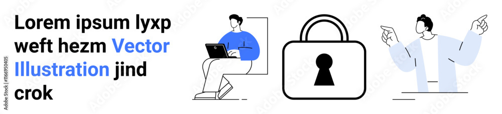 Man working on laptop, large padlock symbol, and person explaining ideas. Ideal for technology, security, communication, collaboration, remote work data privacy and digital environments. Landing Man working on laptop, large padlock symbol, and person explaining ideas. Ideal for technology, security, communication, collaboration, remote work data privacy and digital environments. Landing