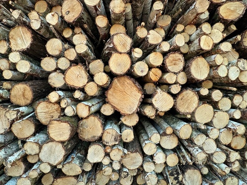 Close-up view of stacked tree logs, showcasing the natural texture, growth rings, and cross-sections of the wood photo