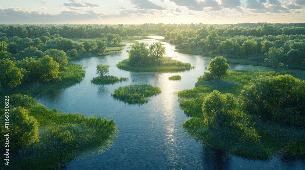 Fototapeta premium Serene sunrise over a lush river delta.