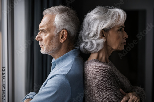 Two older adults sit back to back in their home, expressing feelings of frustration and disconnect. The dim lighting emphasizes their mood and the space between them.