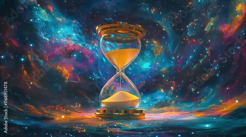 A surreal hourglass floats in a vibrant cosmic scene, representing the passage of time amidst distant galaxies and stars. photo