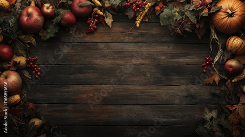 Autumn still life with pumpkins, autumn leaves, and holiday decorations including a Christmas wreath and pine branches on a wooden table