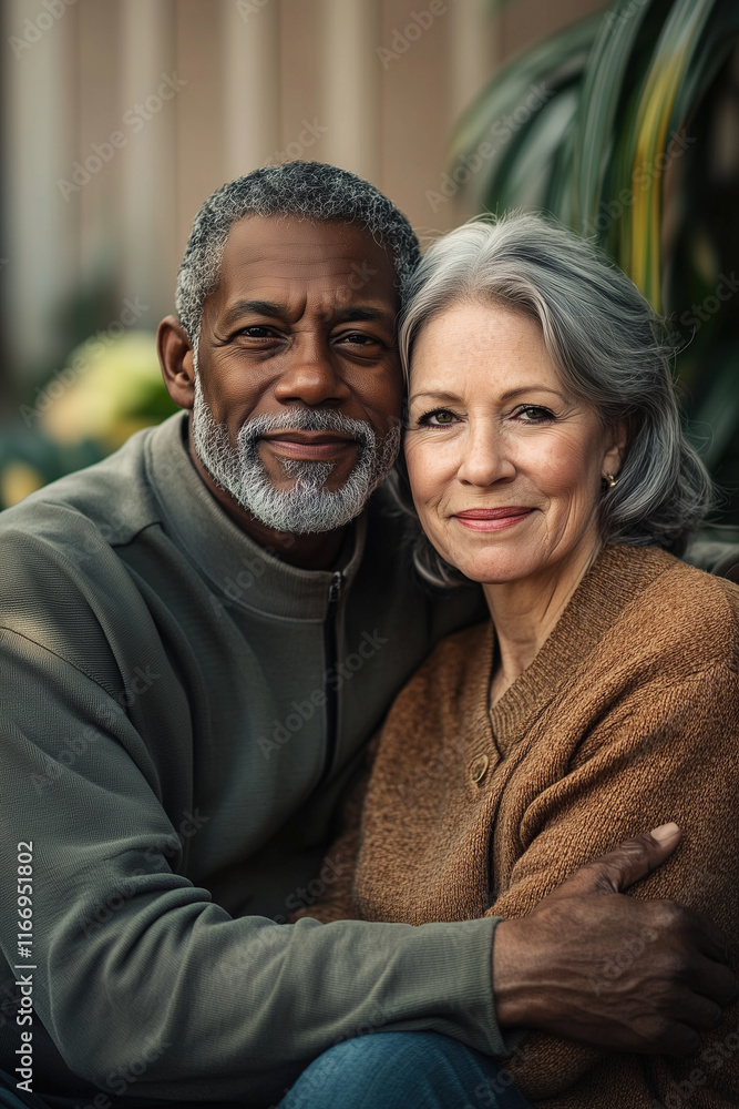 Fototapeta premium A photograph of an attractive senior Black couple in their mid-60s, embracing each other and smiling.