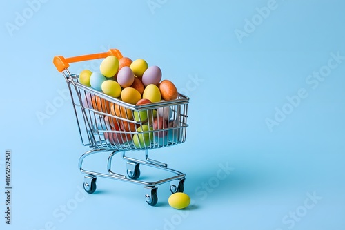 Photo of a small shopping cart with colorful chocolate Easter eggs spilling out, on a light blue background photo