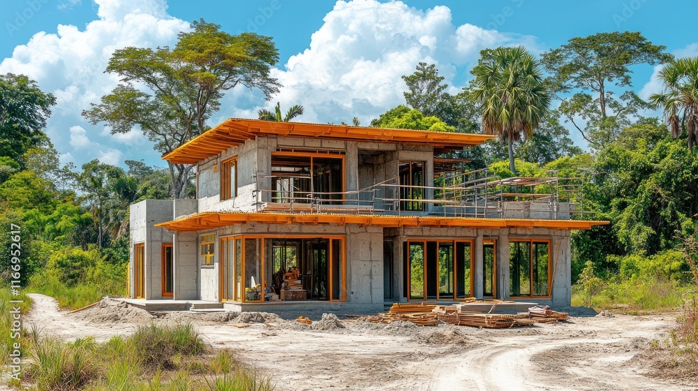 Modern house under construction in a lush environment.