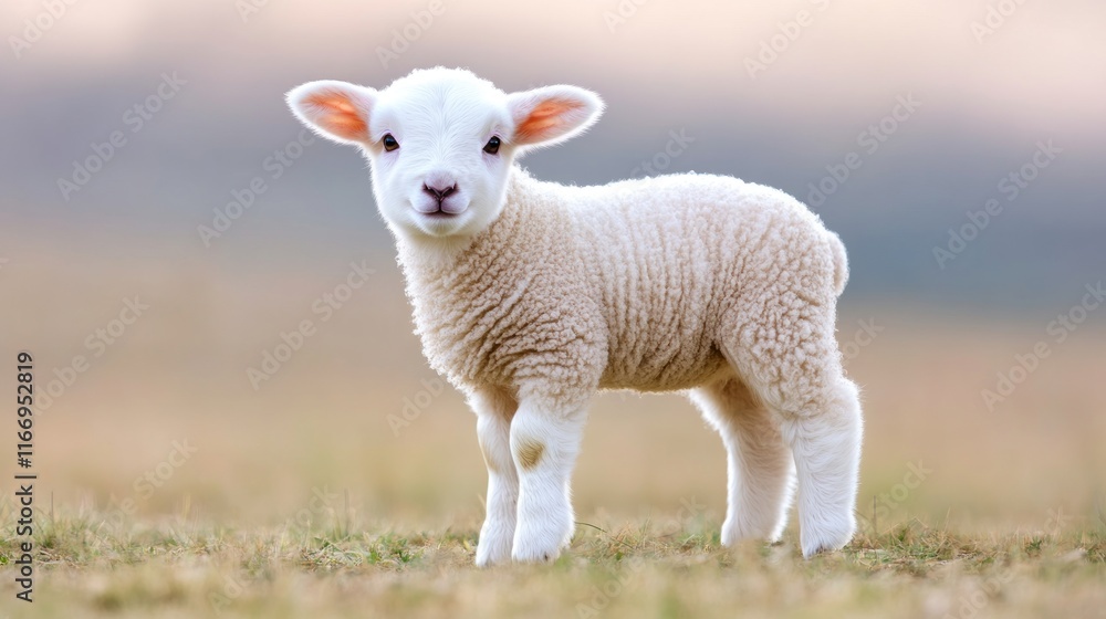 A cute lamb stands in a grassy field during a soft sunset. A cute lamb stands in a grassy field during a soft sunset.