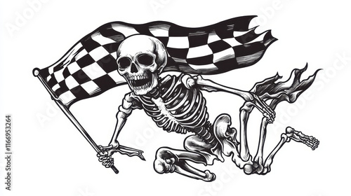 Deathful race sketch icon of furious skeleton or grim reaper with stylized checkered racing flag. Use as racing club, motorsport competition symbol or tattoo design photo