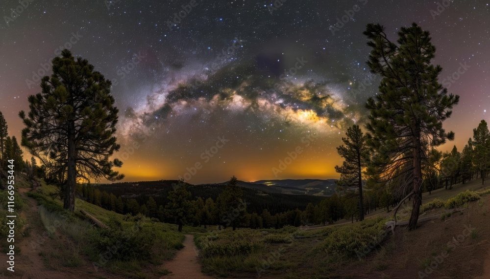 Fototapeta premium A stunning night sky panorama showcasing the Milky Way over a forested landscape.