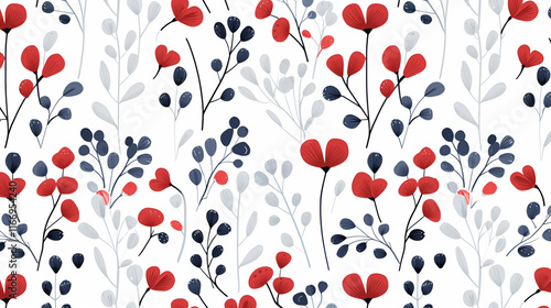 Seamless Pattern of Red and Blue Hearts with Leaves on White Background. Ai generative