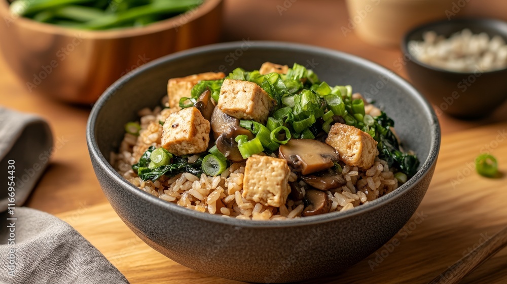Vegan Fried Rice with Tofu and Mushroom Garnish Vegan Fried Rice with Tofu and Mushroom Garnish