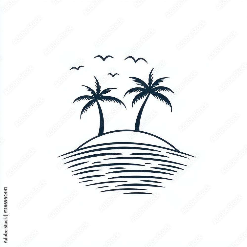 Fototapeta premium Silhouette of two palm trees on a small island with birds in a minimalist design.