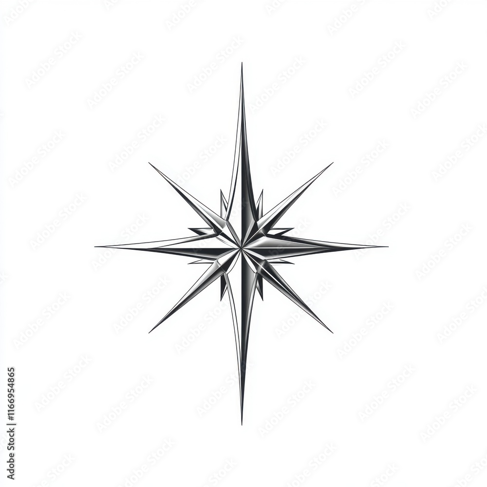 Obraz premium A striking black and white compass rose design featuring sharp, angular points.