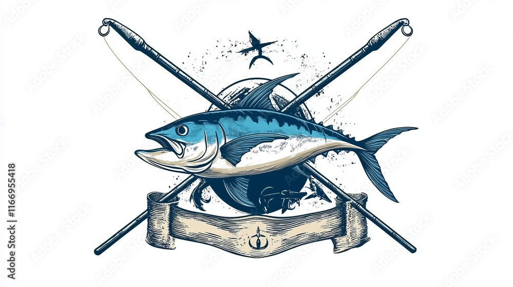 Fishing store vector icon with crossed tuna fish and fisherman spinning rods. Angling sport rods with hooks, lures or baits, lines and reels with ocean or sea water fish, fishing tackle shop design Fishing store vector icon with crossed tuna fish and fisherman spinning rods. Angling sport rods with hooks, lures or baits, lines and reels with ocean or sea water fish, fishing tackle shop design