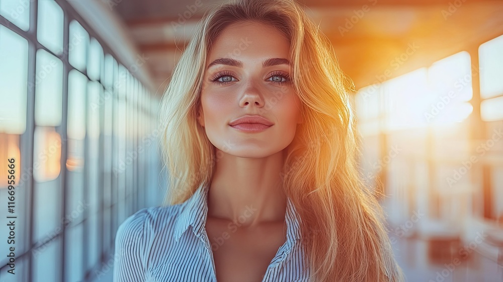Blonde woman with long hair, calm expression, sunlight. Blonde woman with long hair, calm expression, sunlight.