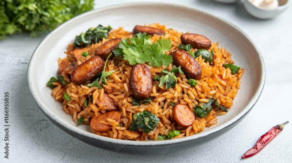 Spicy Fried Rice with Sausages and Mushrooms Plating Spicy Fried Rice with Sausages and Mushrooms Plating