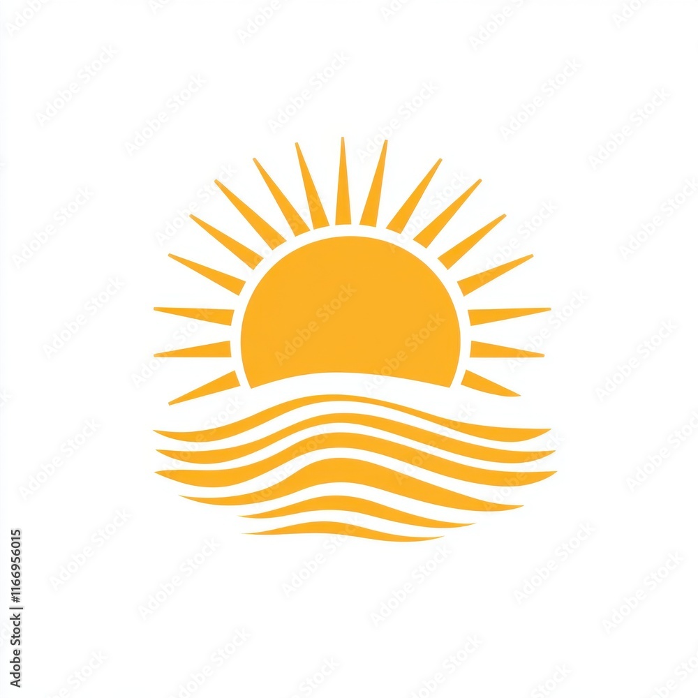 Fototapeta premium Stylized yellow sun rising above wavy ocean lines in a minimalistic design.
