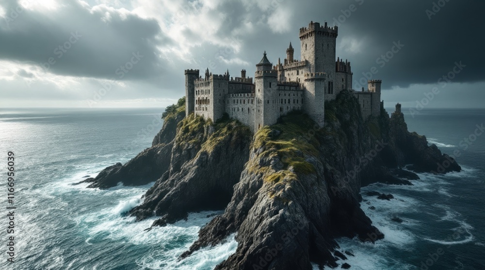 Drone Perspective of Ancient Castle on Cliff with Waves and Dramatic Lighting Drone Perspective of Ancient Castle on Cliff with Waves and Dramatic Lighting