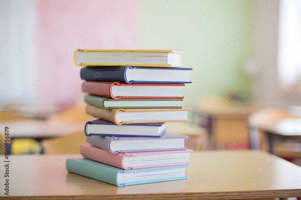 Stack of Colorful Books on Desk in Classroom Setting. Stack of Colorful Books on Desk in Classroom Setting.