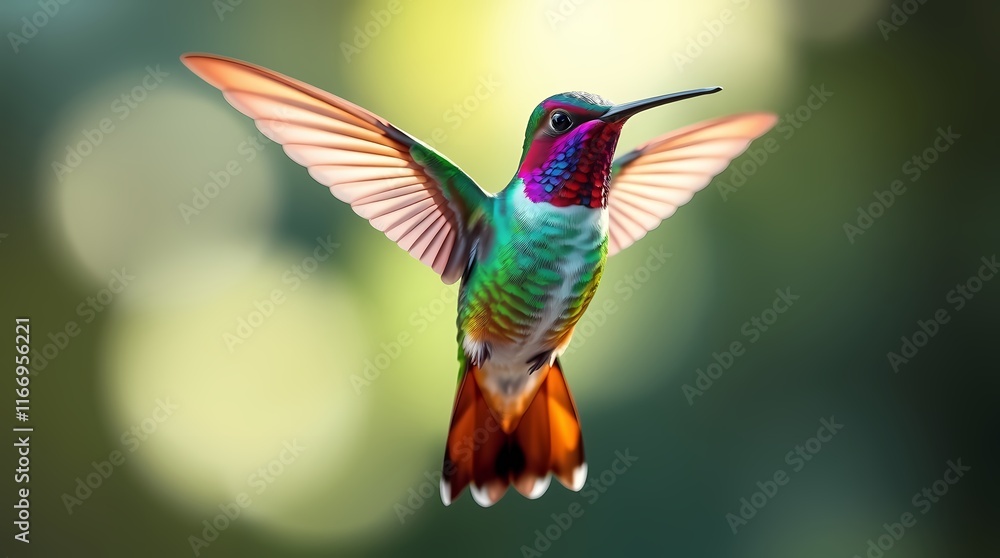 Fototapeta premium Hummingbird in Flight: A vibrant hummingbird with iridescent feathers soars through the air, its wings a blur of color against a soft, green background. A symbol of grace and agility.