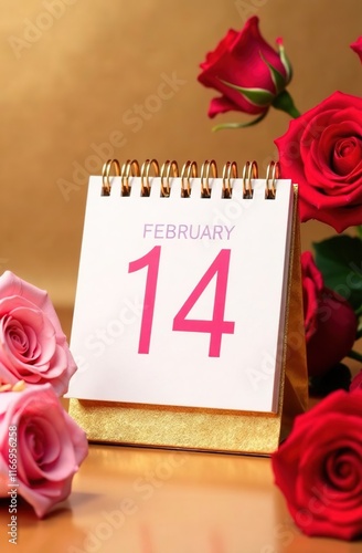 Desktop calendar for February 2025 on a gold background with roses. The number 