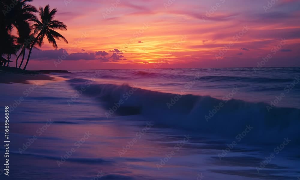 Sunset over tropical beach with waves crashing on shore. Sunset over tropical beach with waves crashing on shore.
